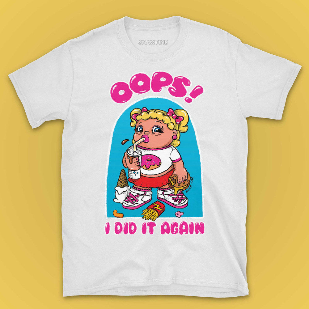 White t-shirt with a cartoon girl sipping a milkshake amid dropped fries and ice cream
