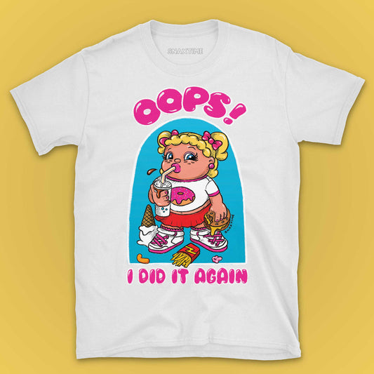 White t-shirt with a cartoon girl sipping a milkshake amid dropped fries and ice cream