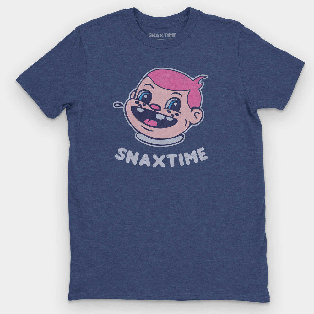 Heather navy t-shirt with a laughing pink-haired cartoon boy above light blue SNAXTIME lettering