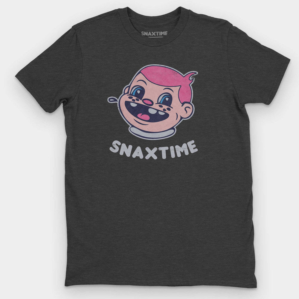 Heather charcoal gray t-shirt with a pink-haired cartoon boy grinning above white SNAXTIME lettering