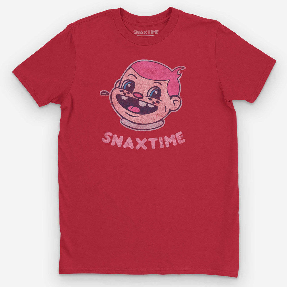 Red t-shirt with a grinning retro cartoon boy's head with pink hair above bubble letters reading SNAXTIME