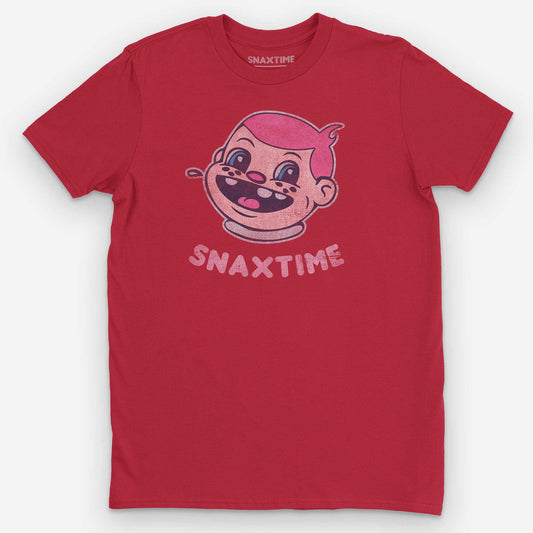 Red t-shirt with a grinning retro cartoon boy's head with pink hair above bubble letters reading SNAXTIME