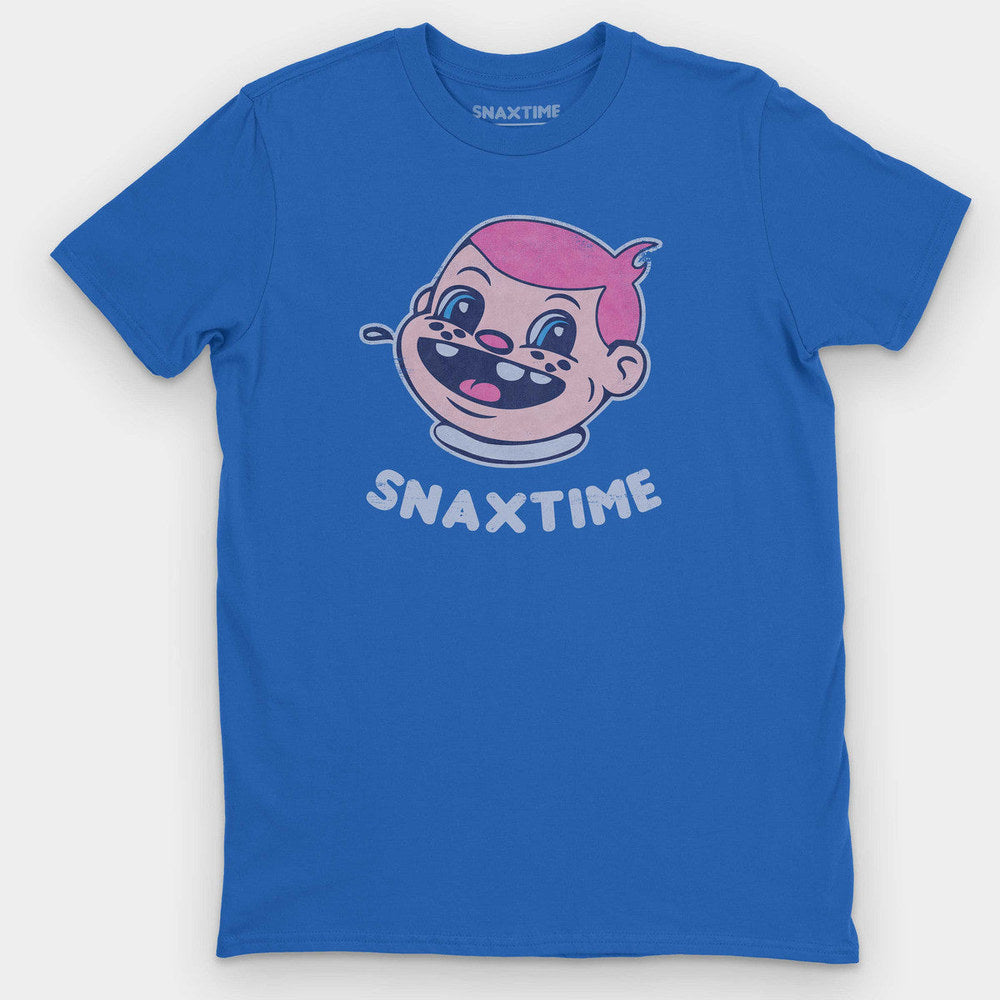 Royal blue t-shirt with a gap-toothed cartoon boy in pink hair over pale blue SNAXTIME lettering