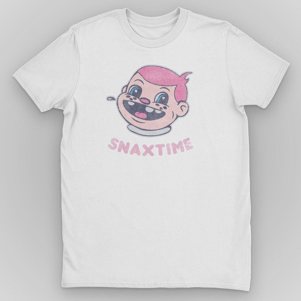 White t-shirt with a faded pastel cartoon boy's head and pink SNAXTIME lettering underneath
