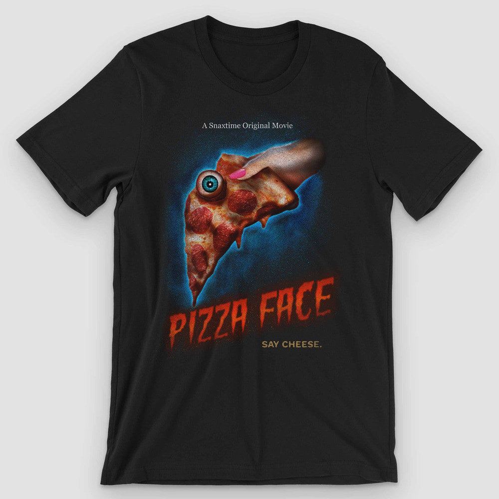 Black t-shirt with a horror movie poster: a pizza slice with an eyeball, "Pizza Face"