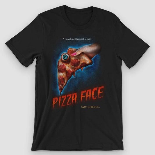 Black t-shirt with a horror movie poster: a pizza slice with an eyeball, "Pizza Face"