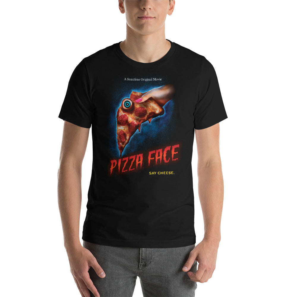 Person wearing a black t-shirt with a creepy pizza slice horror poster and "Say Cheese"