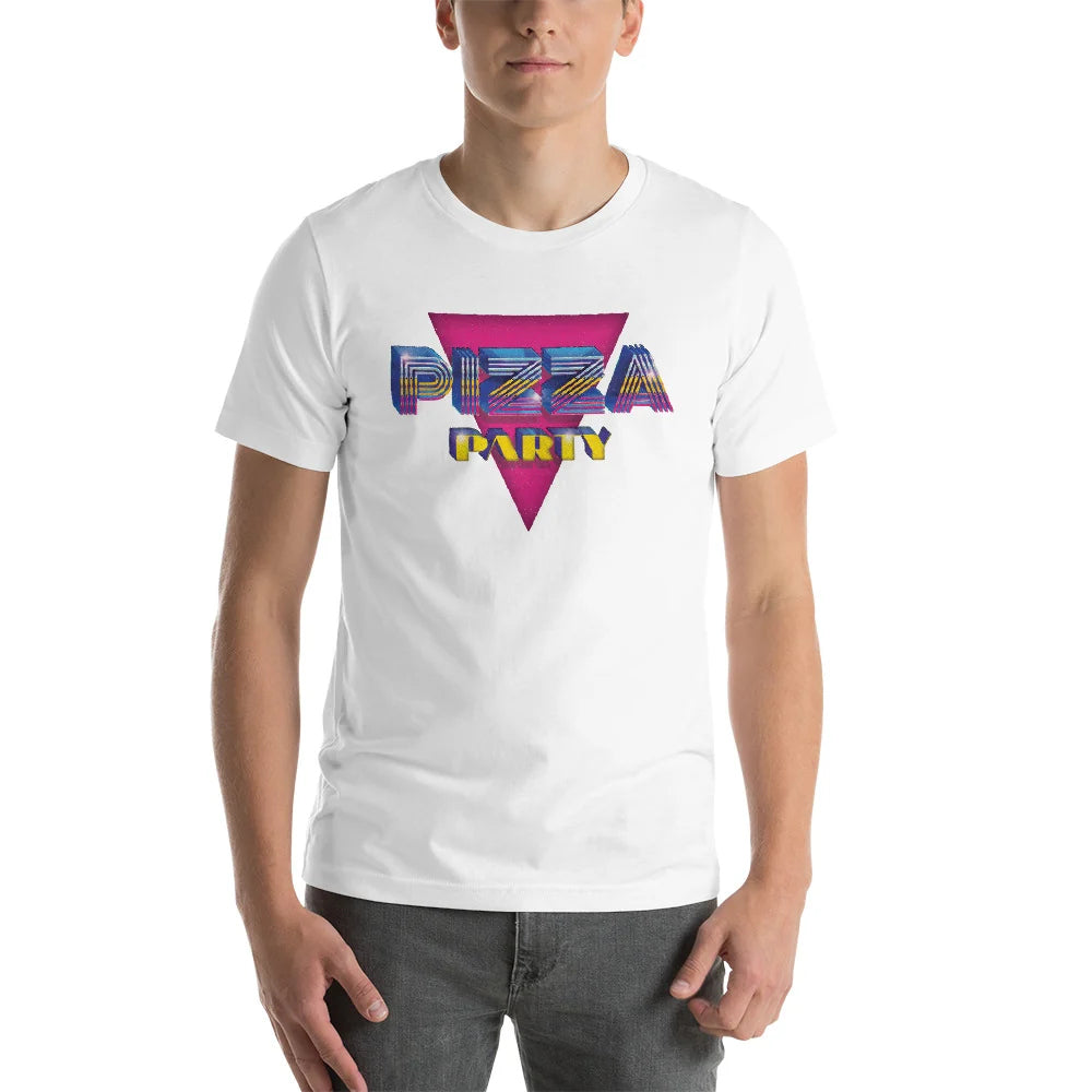 Person wearing a white t-shirt with chrome "Pizza Party" type on a magenta triangle