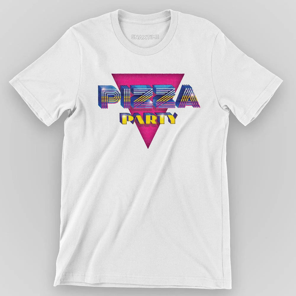 White t-shirt with chrome "Pizza Party" lettering over a solid magenta triangle