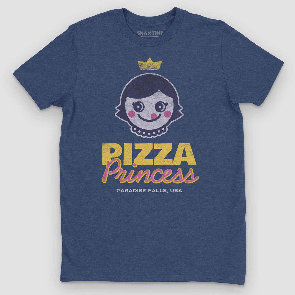 Heather navy t-shirt with a retro cartoon girl in a gold crown and "Pizza Princess"