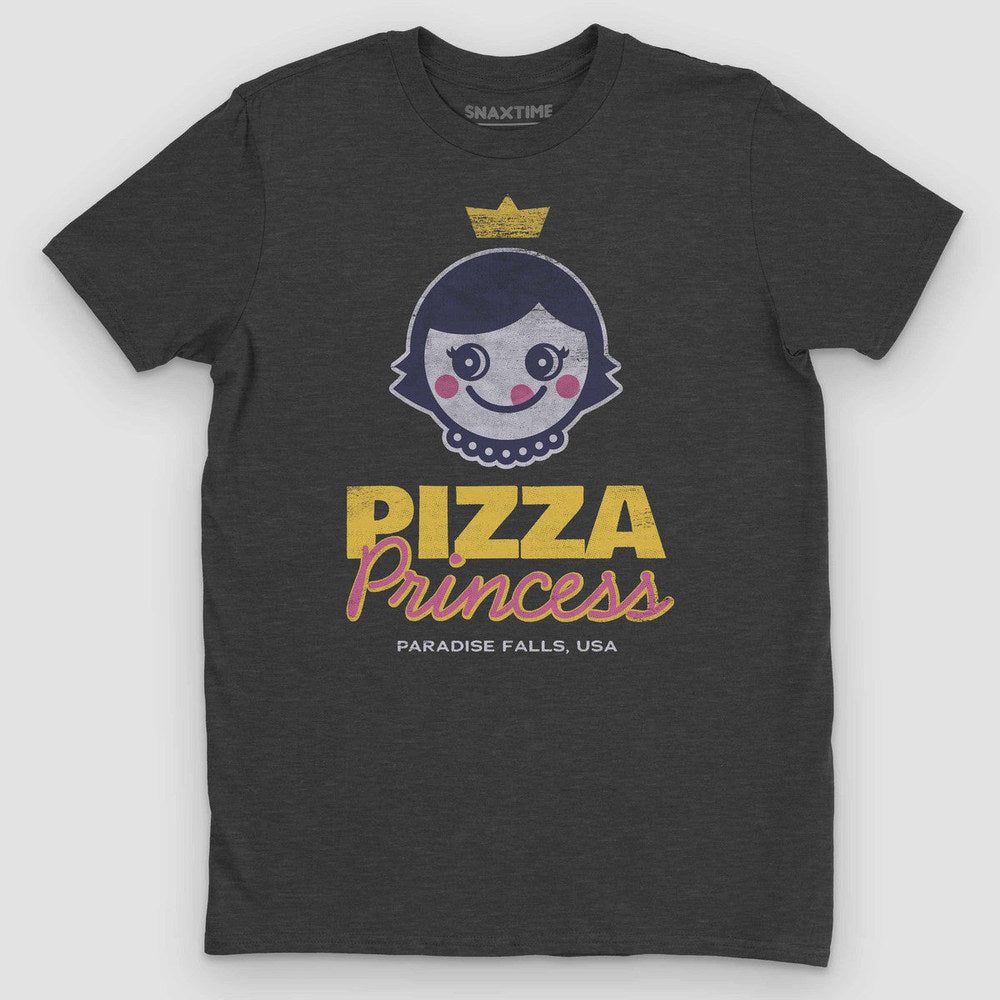 Dark gray heather t-shirt with a crowned cartoon girl, "Pizza Princess, Paradise Falls USA"
