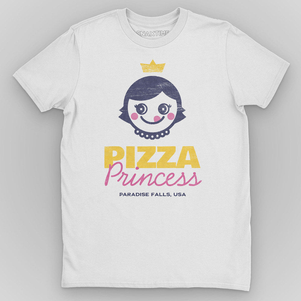 White t-shirt with a crowned cartoon girl mascot and yellow-and-pink "Pizza Princess" type
