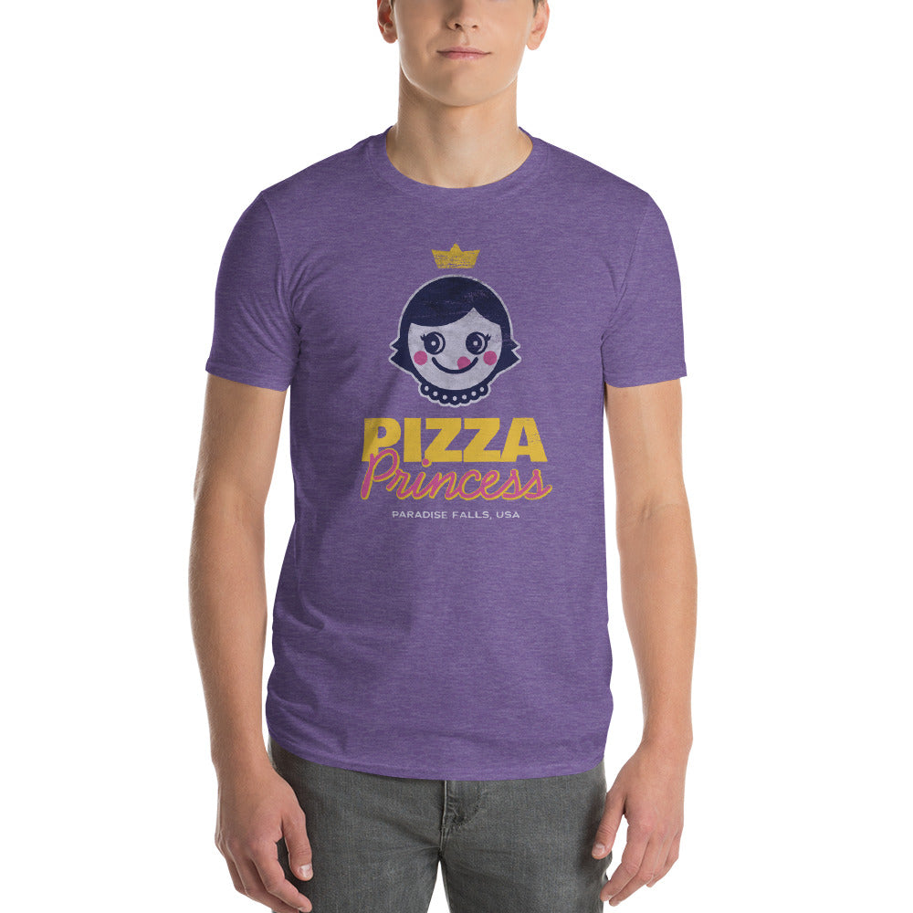 Person wearing a heather purple t-shirt with a crowned cartoon girl and "Pizza Princess"