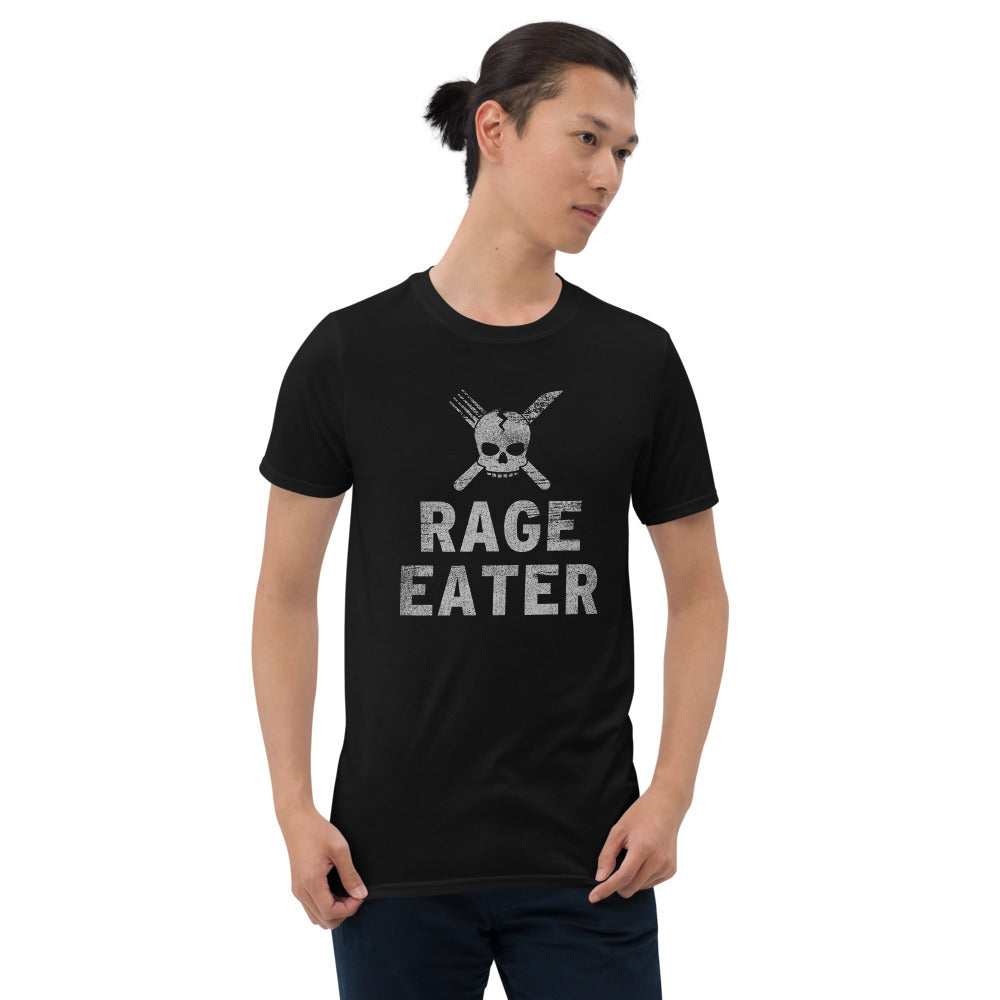 Person wearing a black t-shirt with a white skull, crossed cutlery and "Rage Eater" text