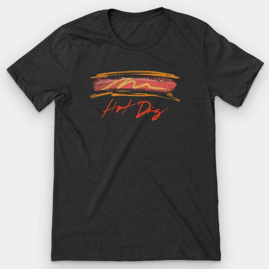 Black heather t-shirt with a brushstroke hot dog and red script Hot Dog lettering