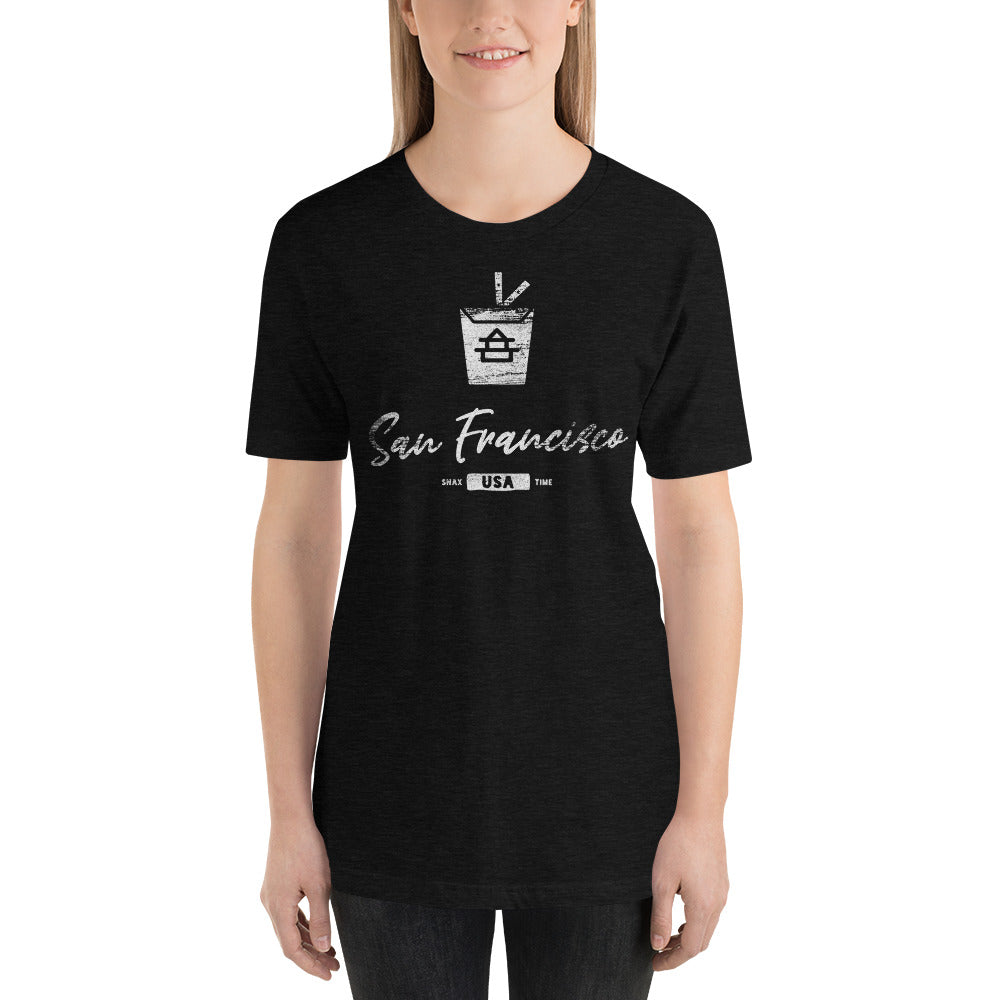 Woman wearing a heather black t-shirt with a white takeout box and 'San Francisco' script