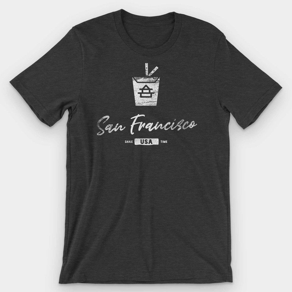 Heather black t-shirt with a distressed white takeout box and 'San Francisco' script