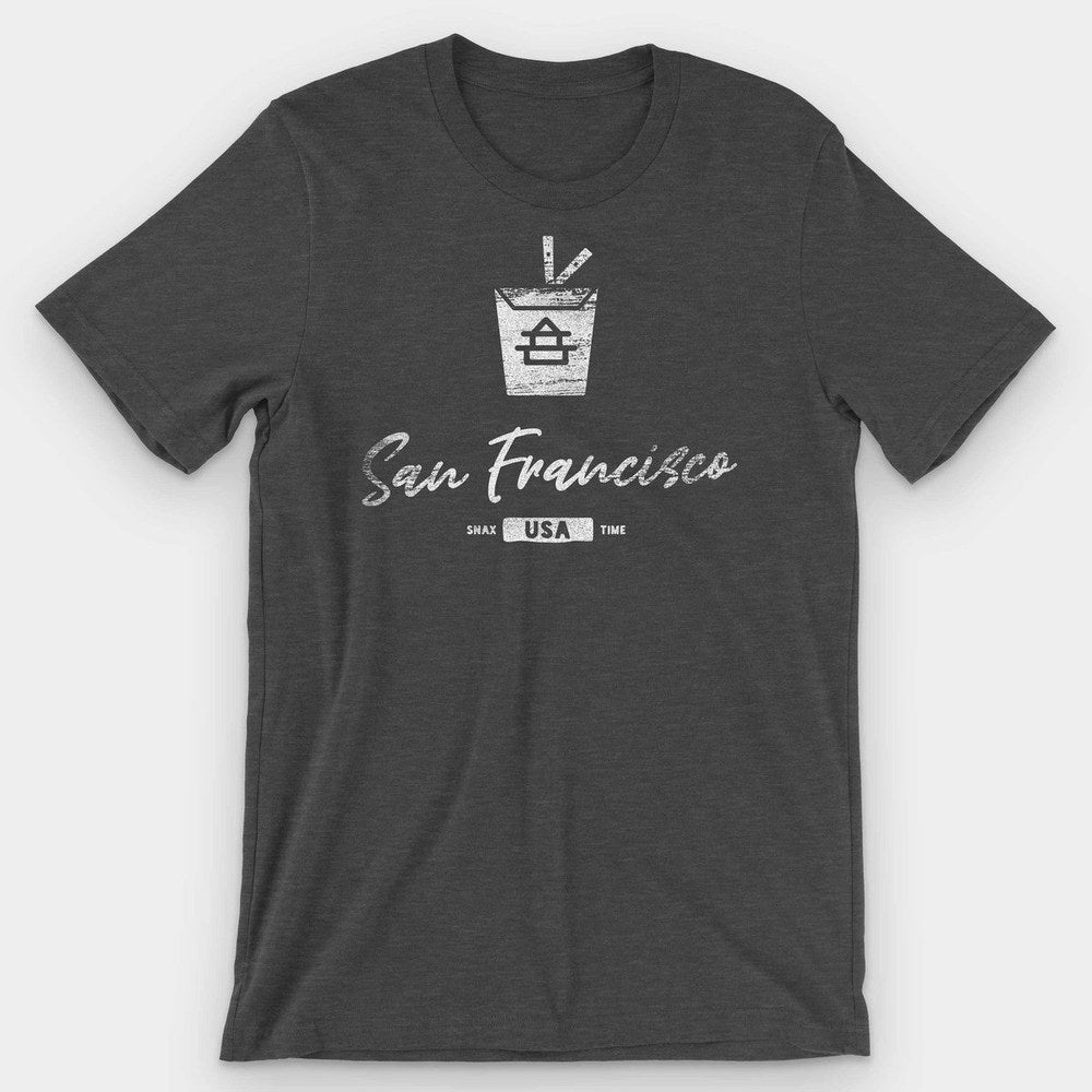 Charcoal heather t-shirt with a white takeout box, chopsticks and 'San Francisco' script