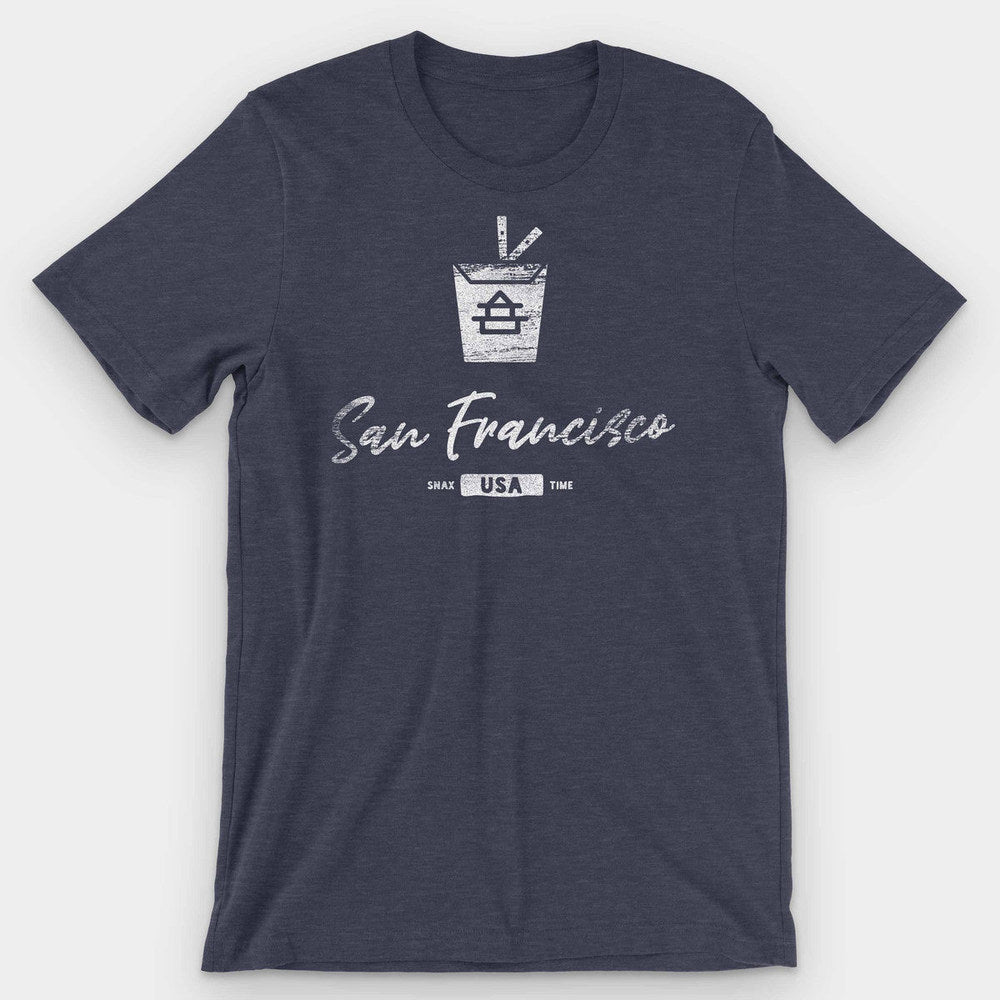 Heather midnight navy t-shirt with a white takeout box and 'San Francisco USA' print