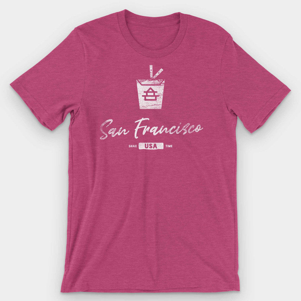 Raspberry pink heather t-shirt with a white takeout carton and 'San Francisco' script