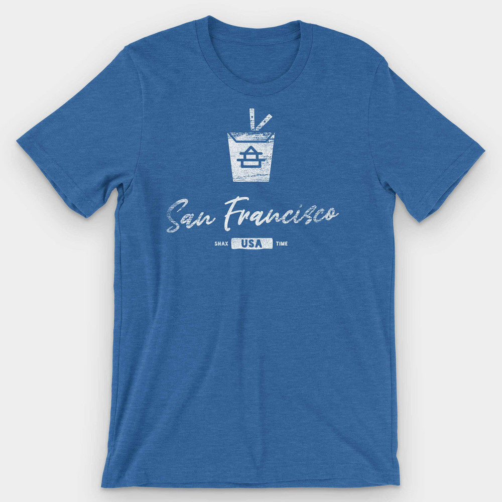 Royal blue heather t-shirt with a white Chinese takeout box and 'San Francisco' script