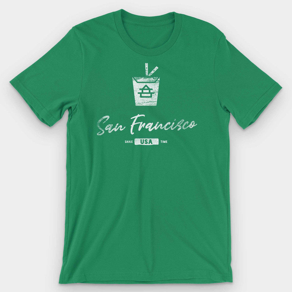 Kelly green t-shirt with a white takeout box and 'San Francisco' script lettering