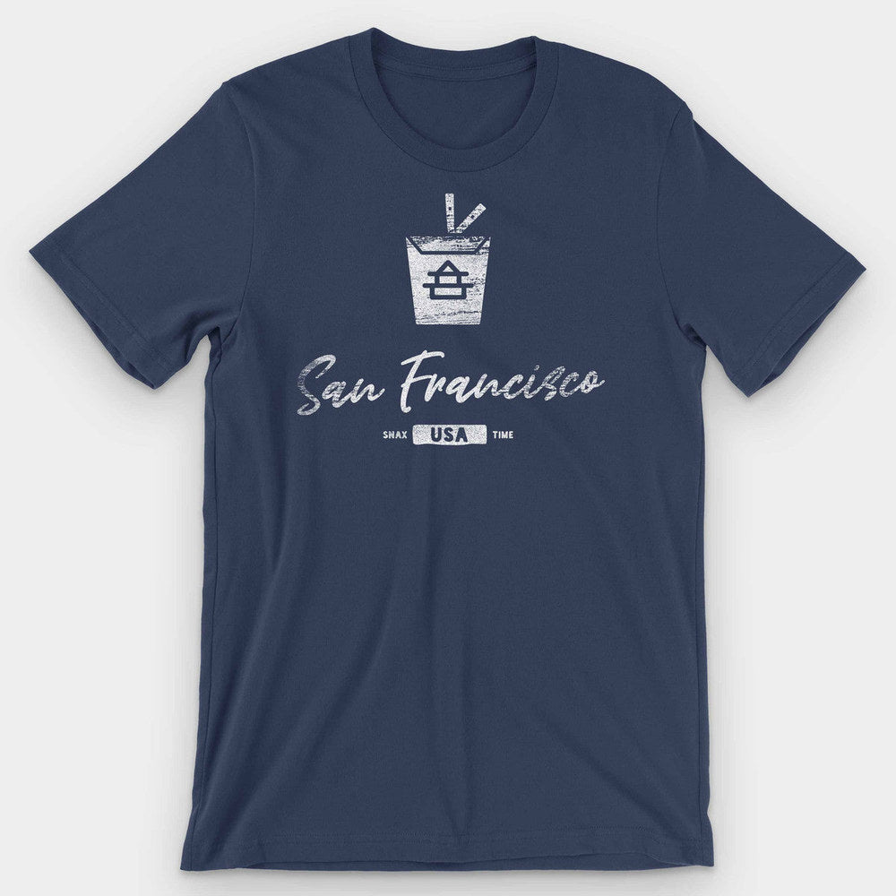 Navy t-shirt with a white takeout carton and 'San Francisco USA' script lettering