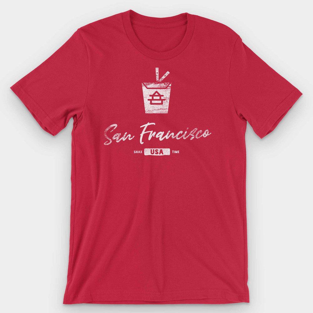 Red t-shirt with a white Chinese takeout box, chopsticks and 'San Francisco' script