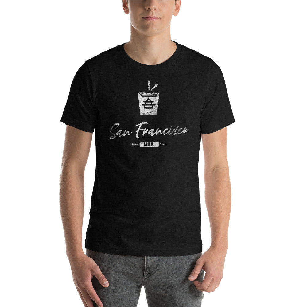 Man wearing a heather black t-shirt with a white takeout box and 'San Francisco' script