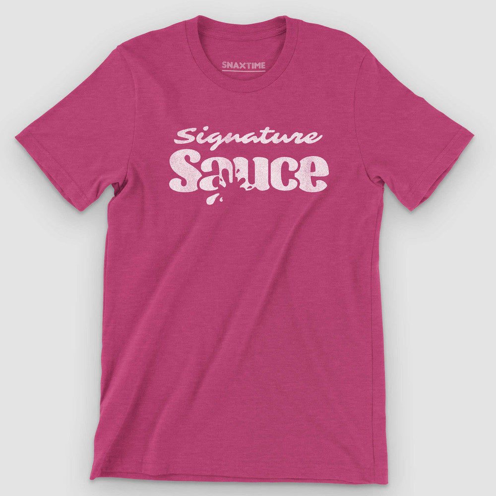 Raspberry pink heather t-shirt with white retro 'Signature Sauce' lettering and drips