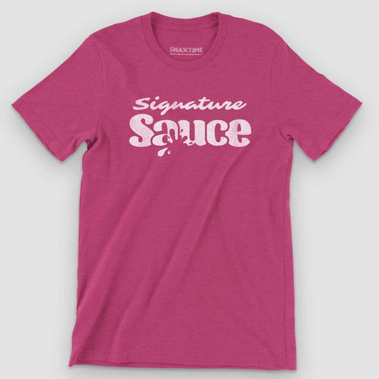 Raspberry pink heather t-shirt with white retro 'Signature Sauce' lettering and drips