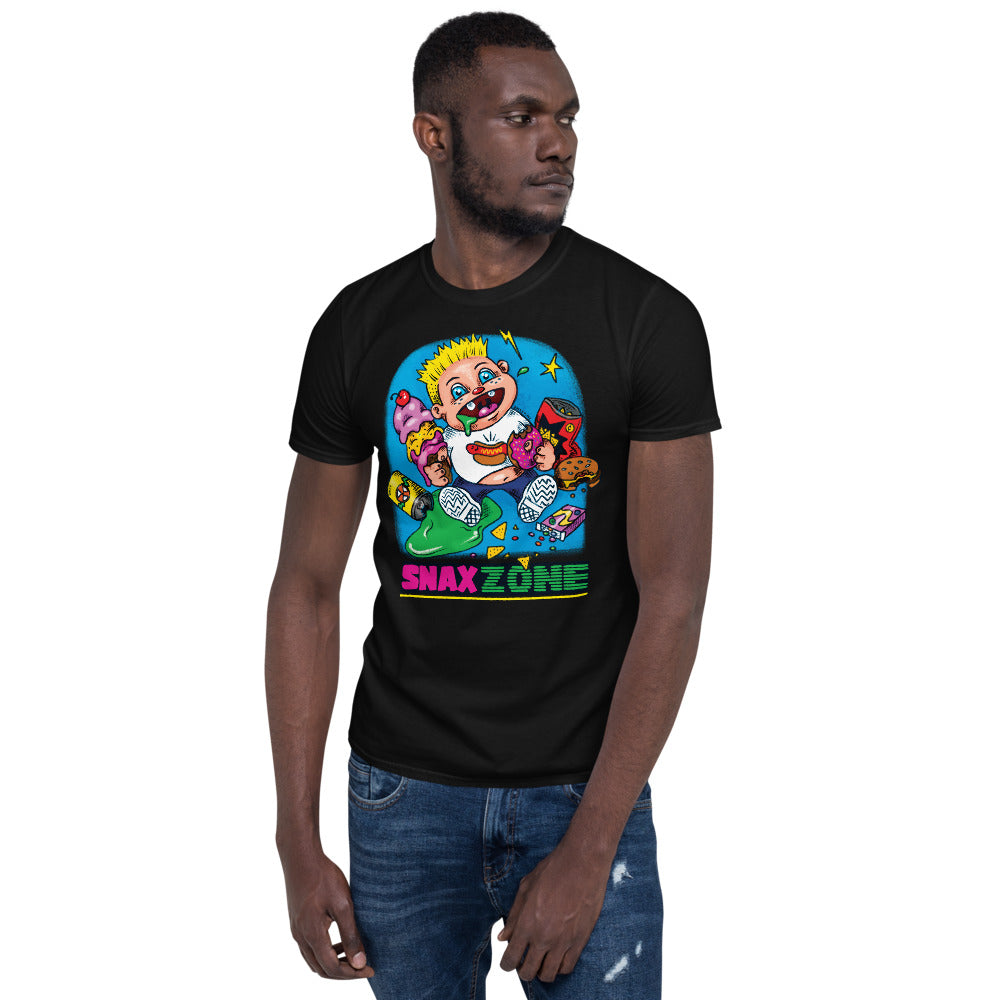Man wearing a black t-shirt with a neon cartoon kid and 'Snax Zone' junk food art