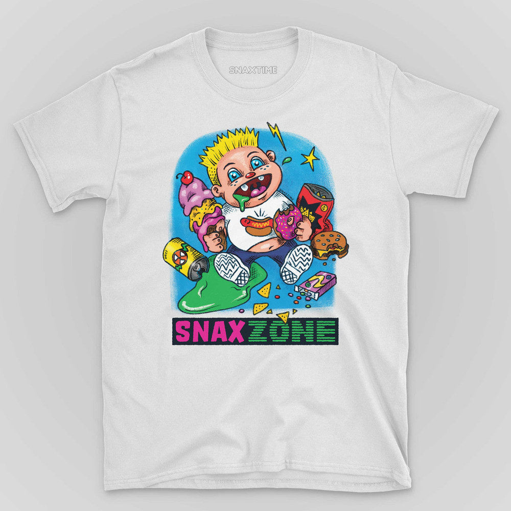 White t-shirt with a neon cartoon kid surrounded by donuts, soda and 'Snax Zone' text