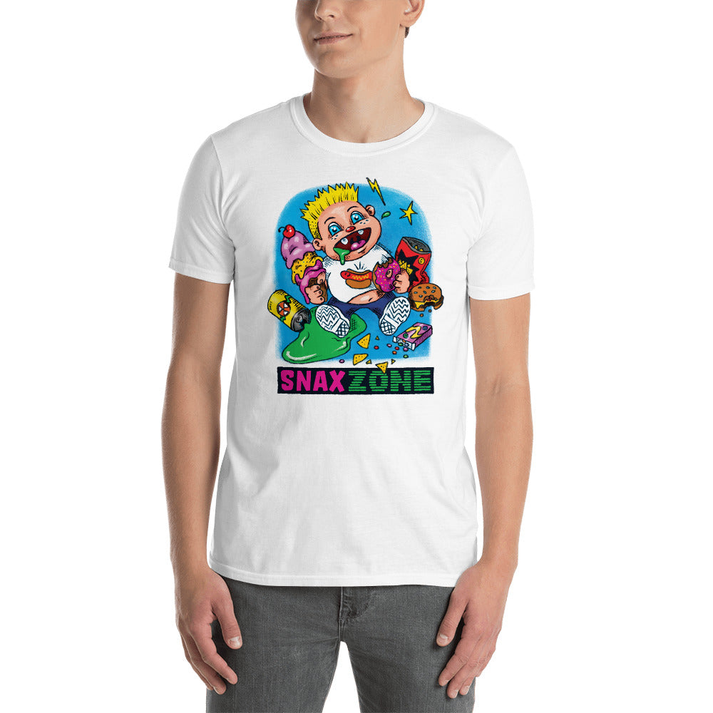 Man wearing a white t-shirt with a neon cartoon kid and 'Snax Zone' junk food art