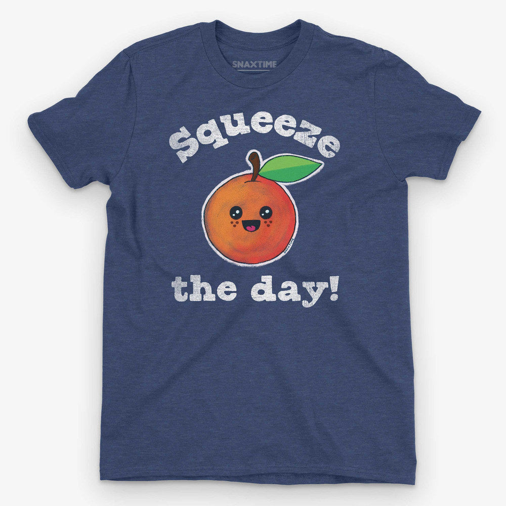 Heather navy t-shirt with a smiling kawaii orange and white "Squeeze the day!" lettering