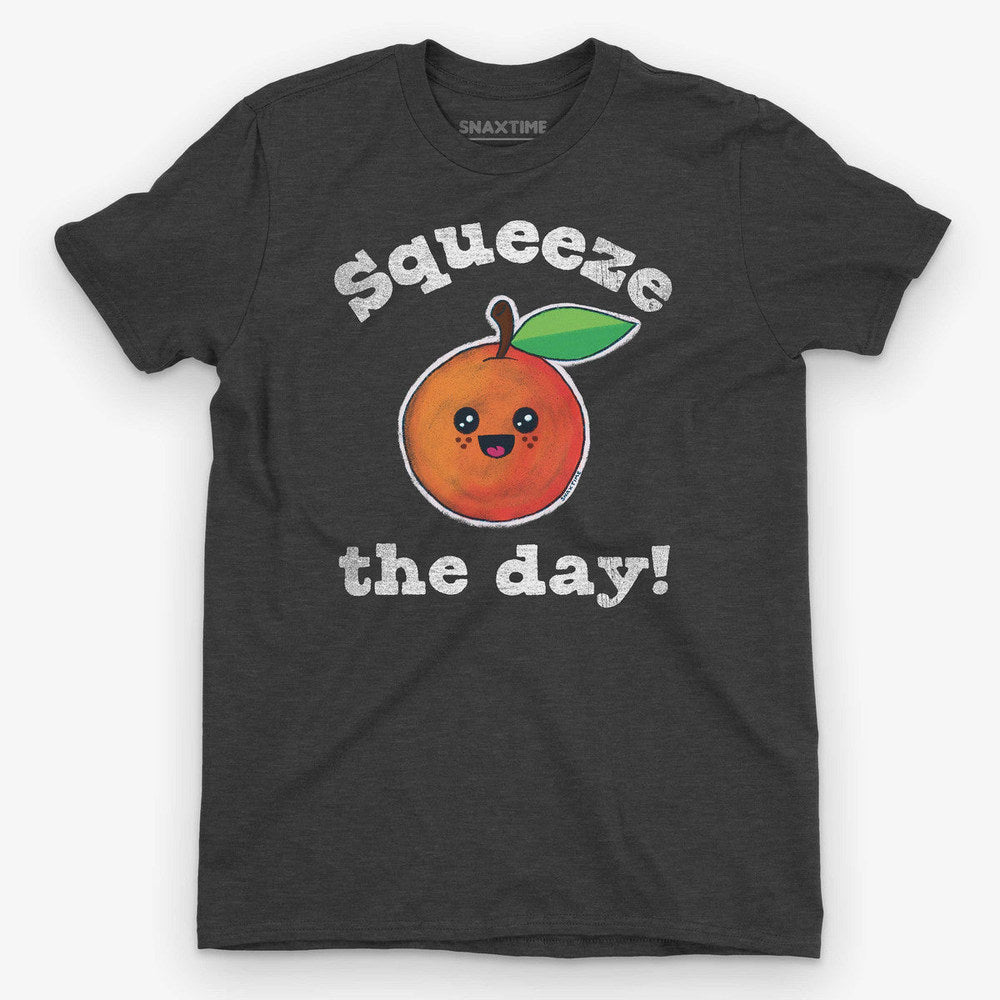 Heather dark gray tee with a happy cartoon orange, green leaf and "Squeeze the day!" text