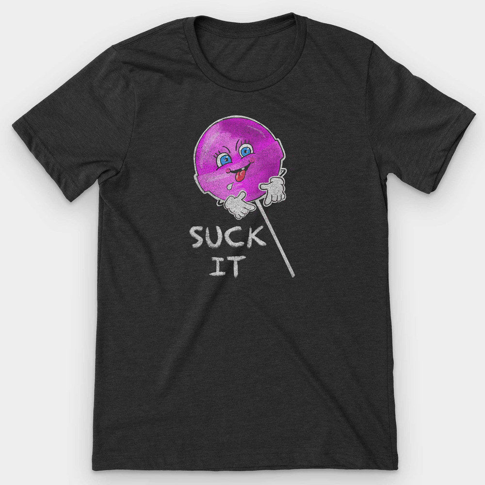 Heather black t-shirt with a grinning purple lollipop character and white SUCK IT lettering