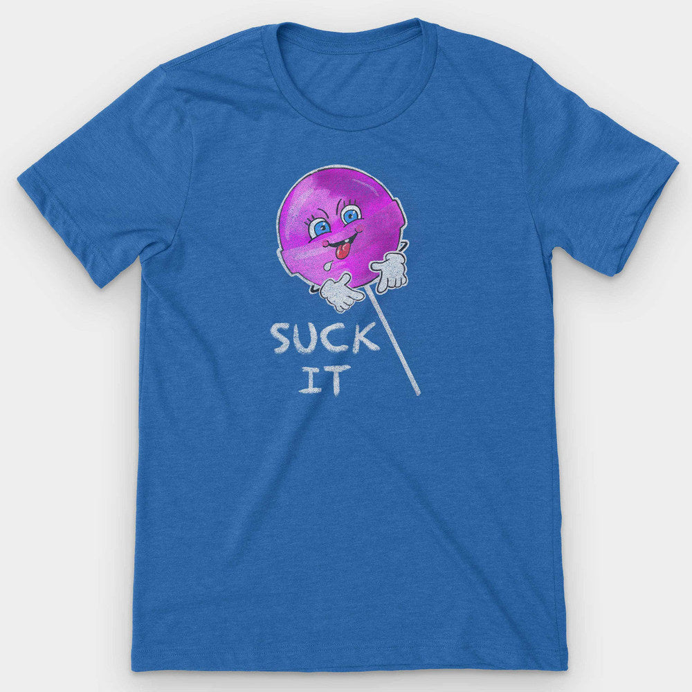 Heather blue t-shirt with a purple cartoon lollipop sticking out its tongue above the words SUCK IT