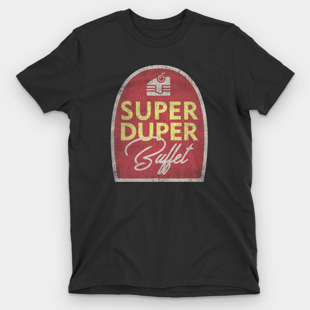 Black t-shirt with a distressed red arched sign reading Super Duper Buffet above a cherry cake icon