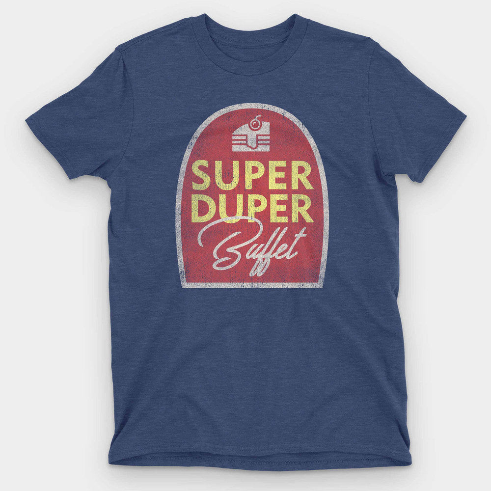 Heather navy t-shirt with a vintage red arched sign reading Super Duper Buffet in yellow letters