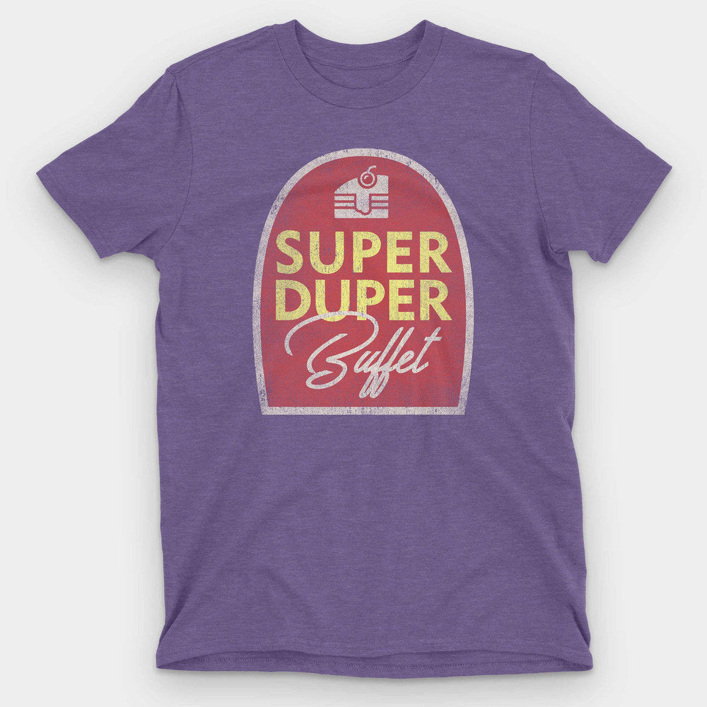 Heather purple t-shirt with a red arched retro sign reading Super Duper Buffet
