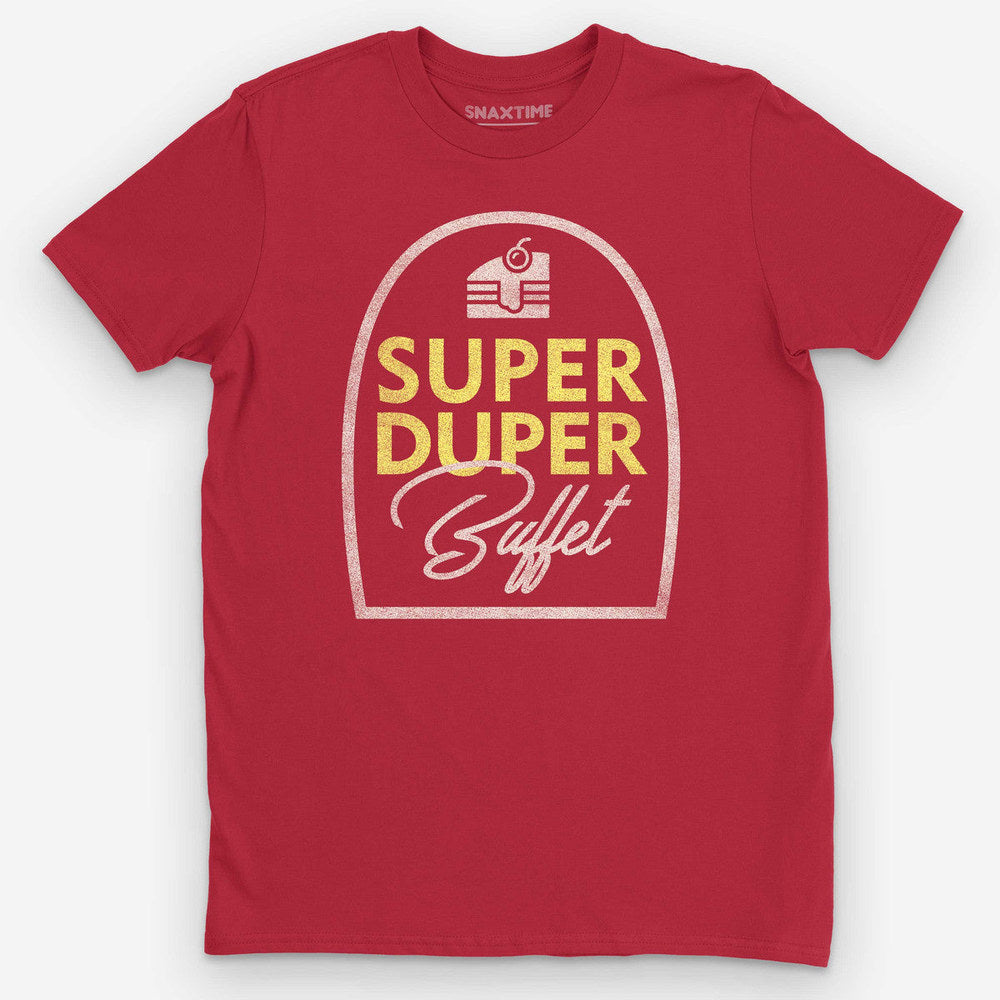 Red t-shirt with an outlined arched sign reading Super Duper Buffet in yellow and cream script