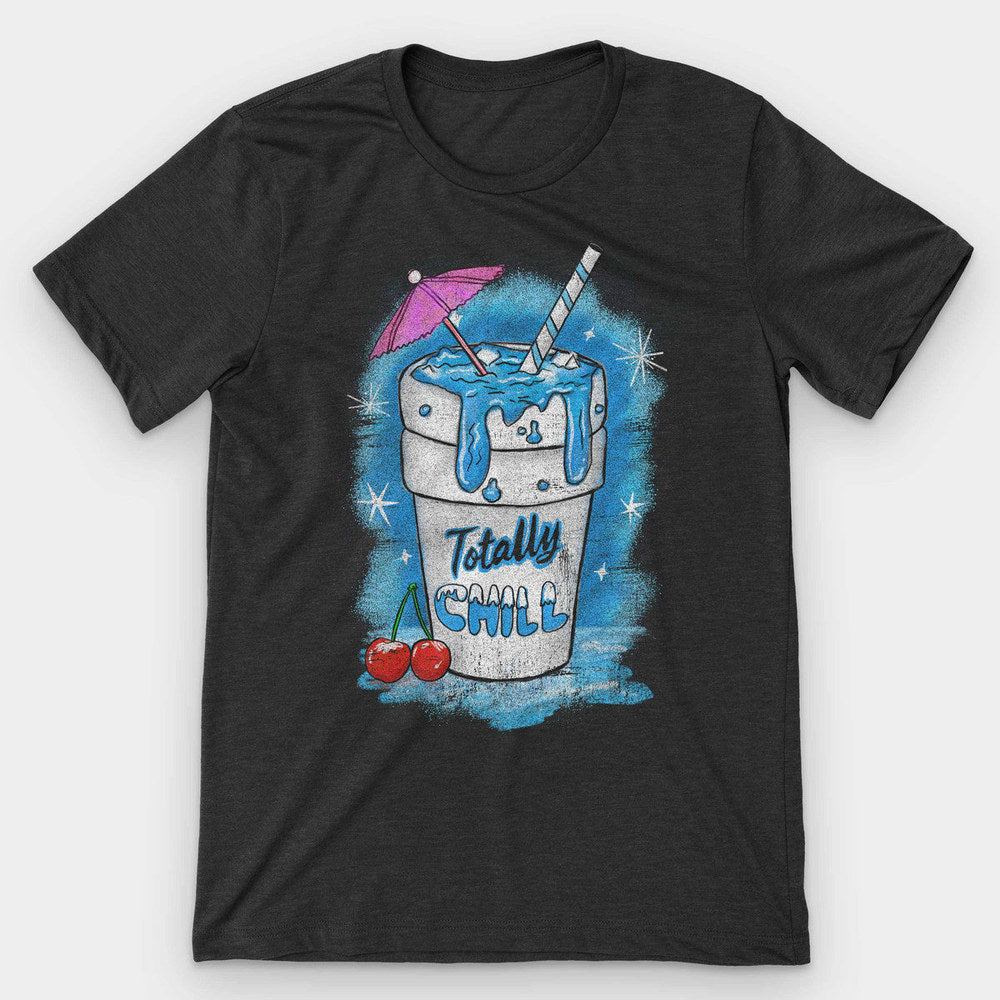 Heather black t-shirt with a drippy blue slushie cup, striped straw and cherries labeled Totally Chill