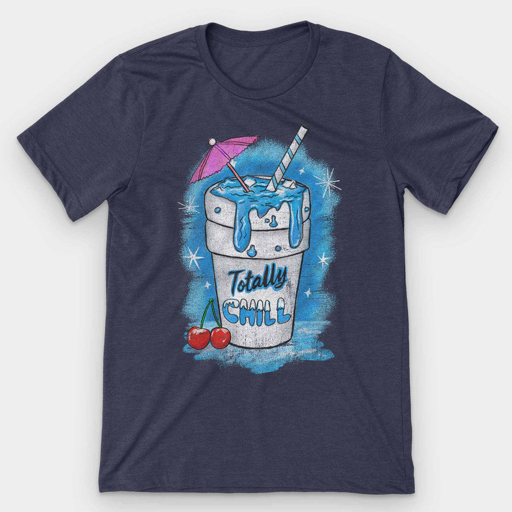 Heather navy t-shirt with a melting blue slushie cup, cherries and sparkles reading Totally Chill