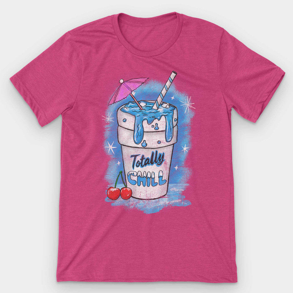 Heather pink t-shirt with a blue slushie cup, cocktail umbrella and red cherries reading Totally Chill