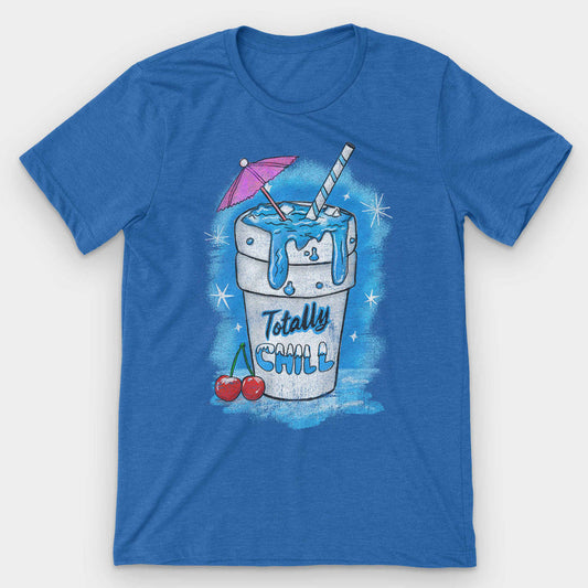 Heather blue t-shirt with a melting blue slushie cup, cocktail umbrella and cherries reading Totally Chill
