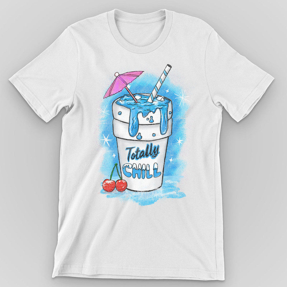 White t-shirt with a bright blue slushie cup, pink umbrella and cherries reading Totally Chill