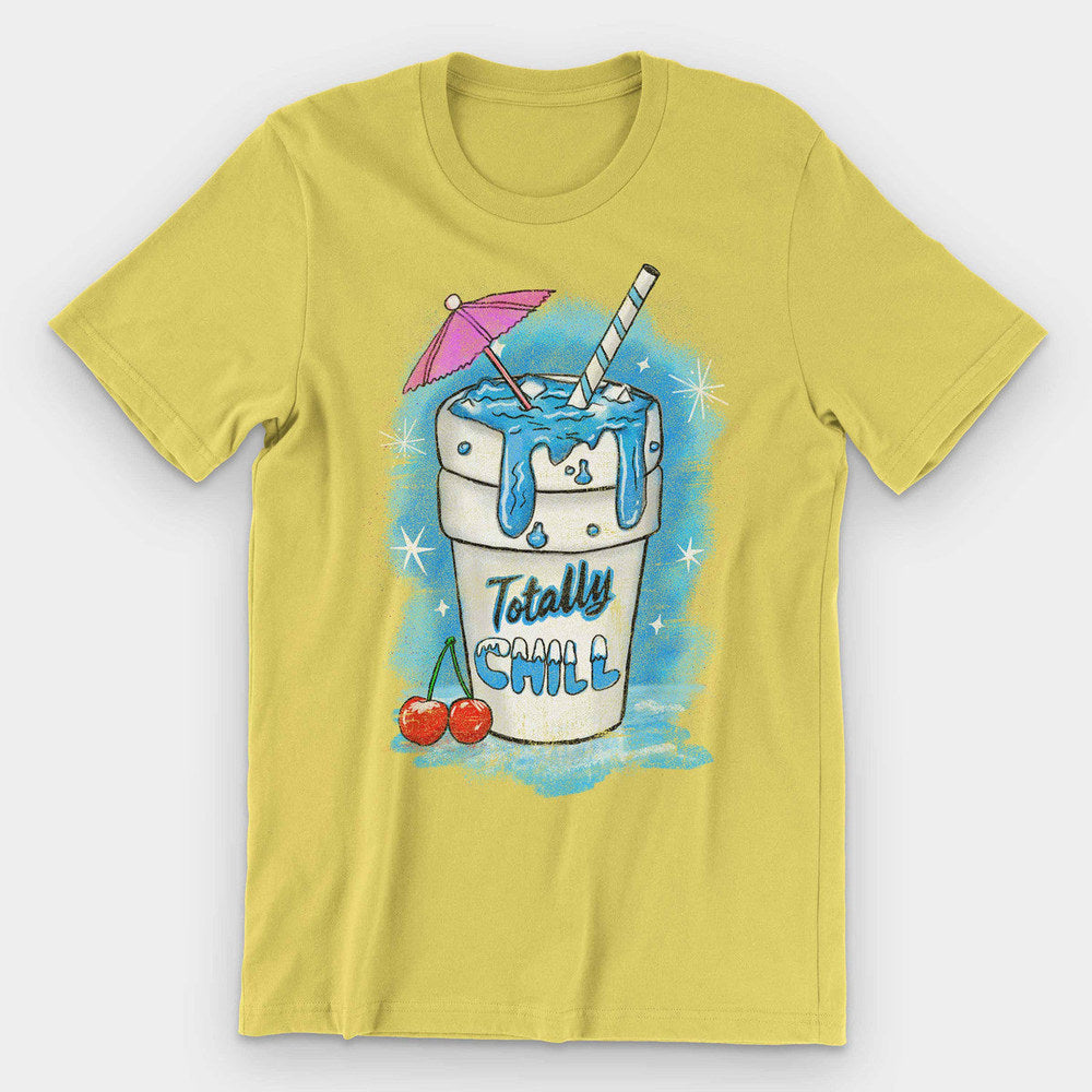 Pale yellow t-shirt with a blue slushie cup, cocktail umbrella and cherries reading Totally Chill