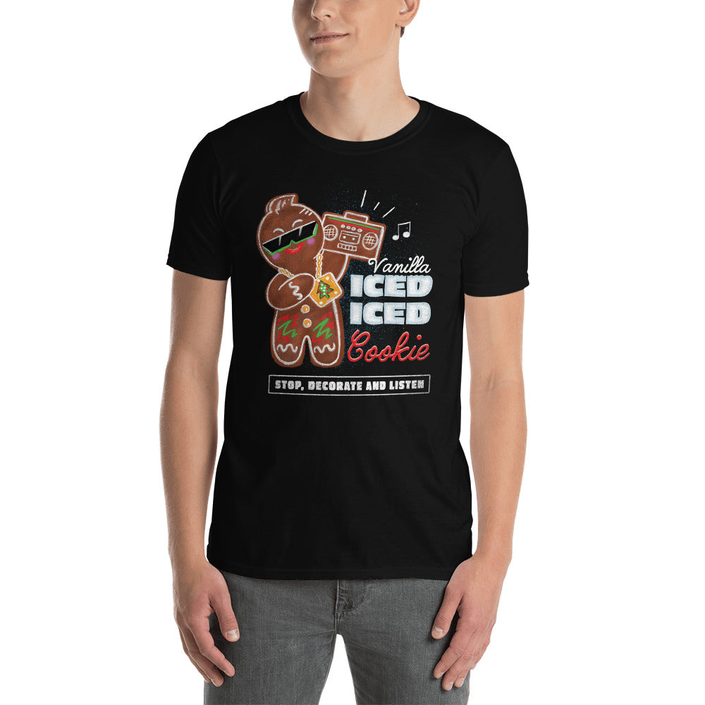 Person wearing a black t-shirt with a sunglasses-wearing gingerbread man and Vanilla Iced Iced Cookie text